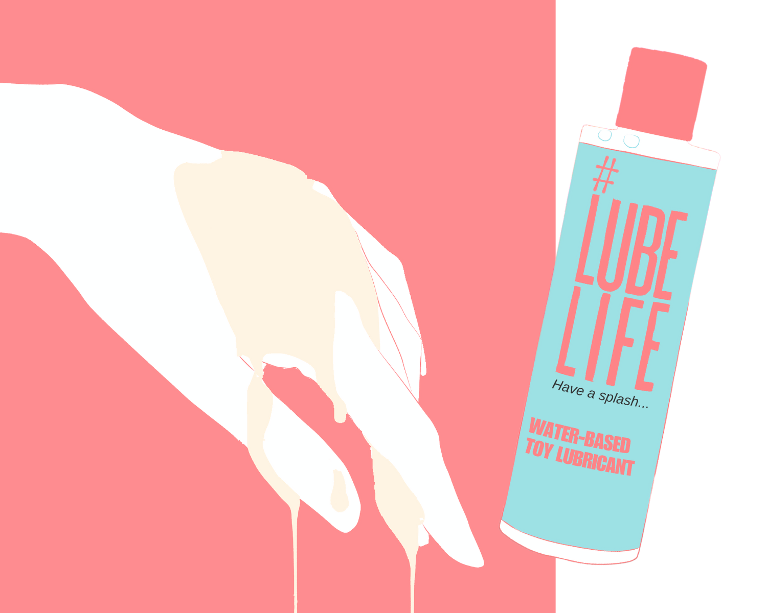 A lubed up hand with a bottle of lube in frame.