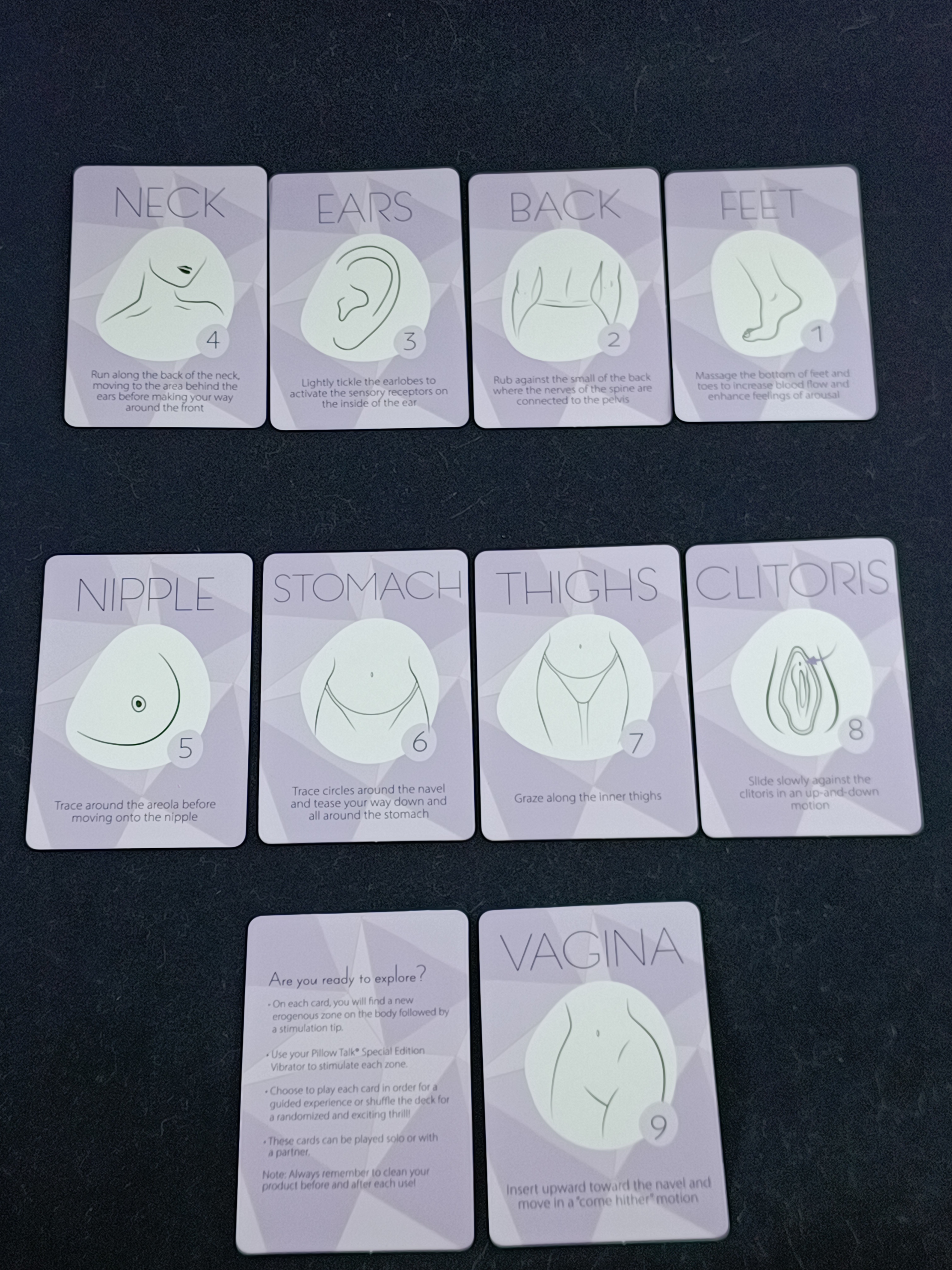 Pictured are the playing cards that come with the Pillow Talk Racy Special Edition Silicone G-Spot Vibrator. Pictured are the playing cards that come with the Pillow Talk Racy Special Edition Silicone G-Spot Vibrator.