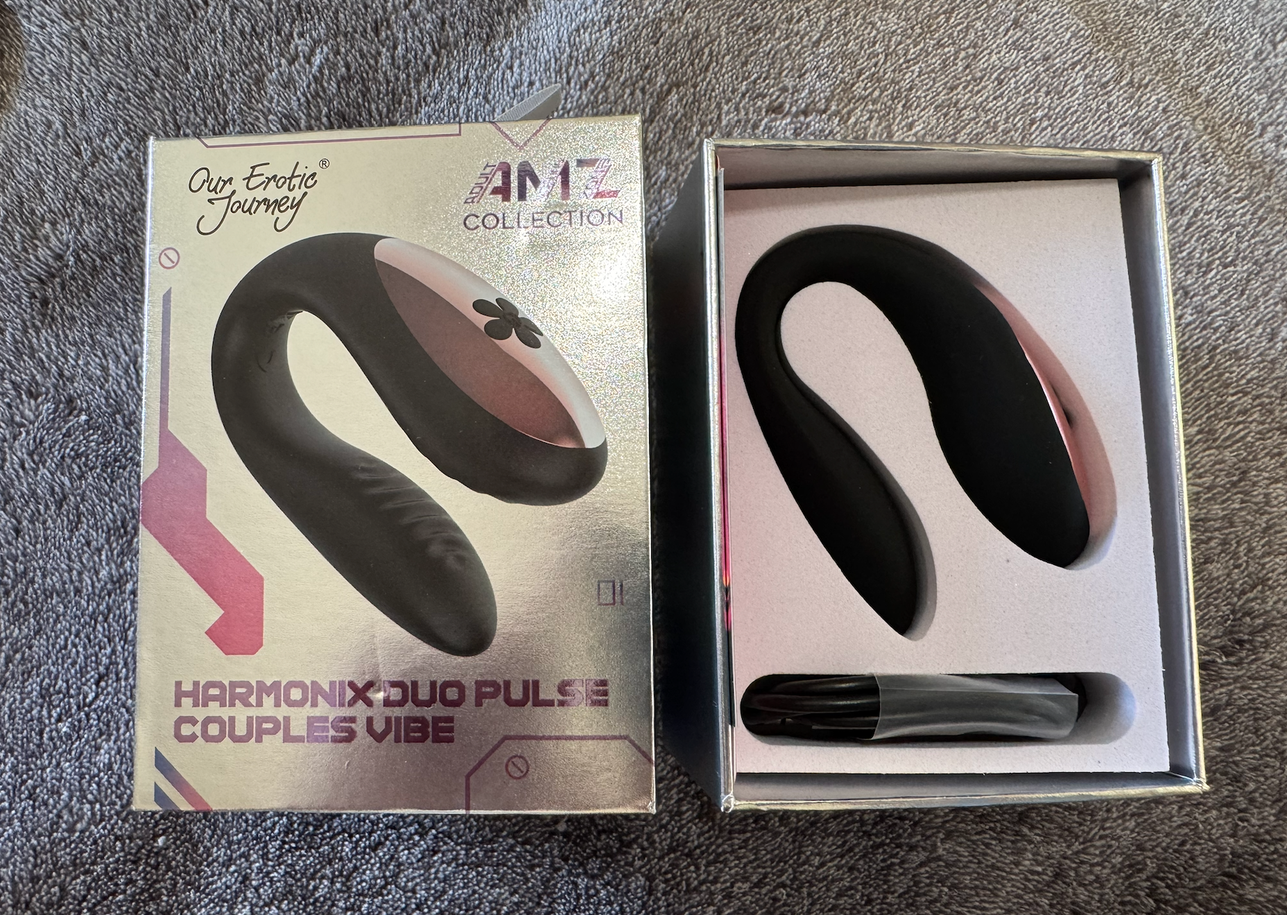 Pictured is the Harmonix Duo Pulse Couples App Control Vibe in its packaging. Pictured is the Harmonix Duo Pulse Couples App Control Vibe in its packaging.