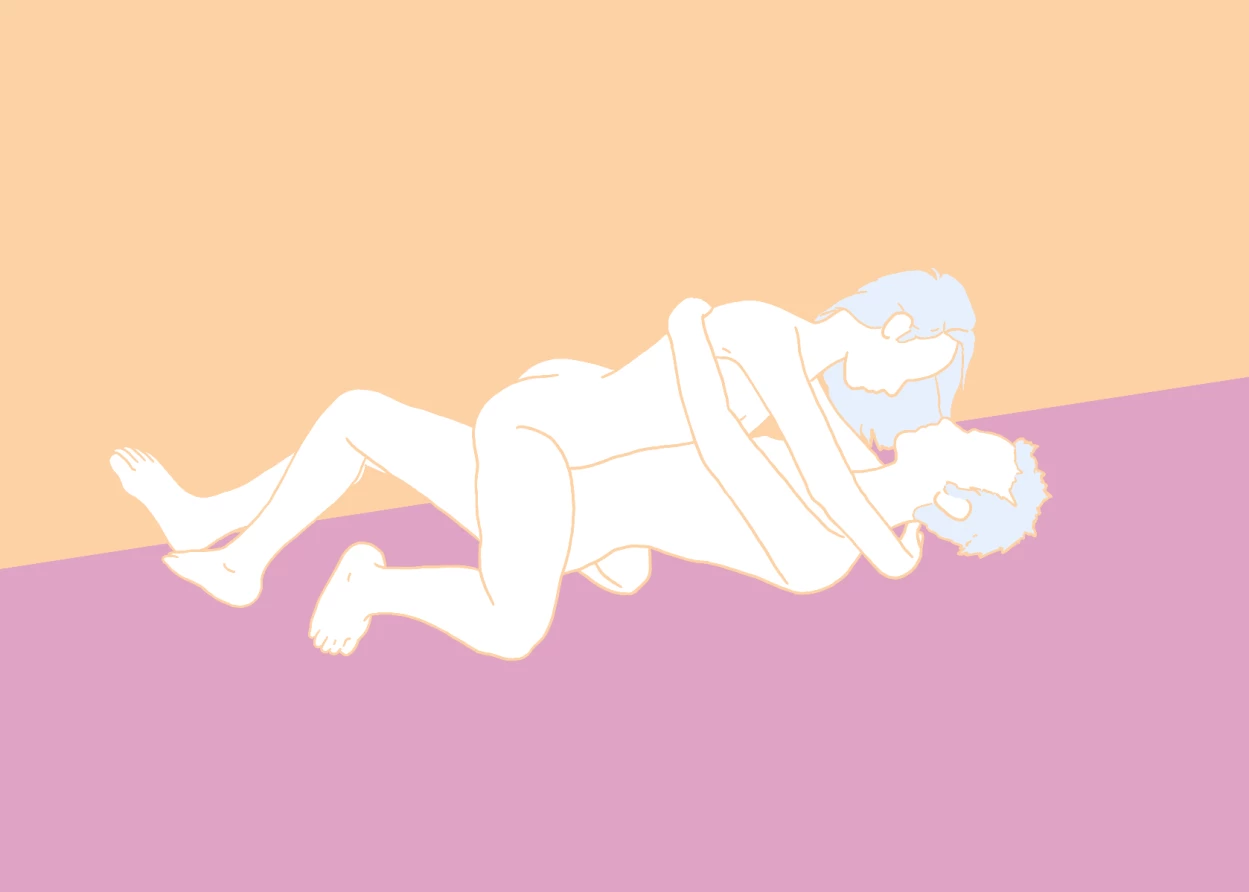 A couple, consisting of a man and a woman, having intimate sex in the koala sex position