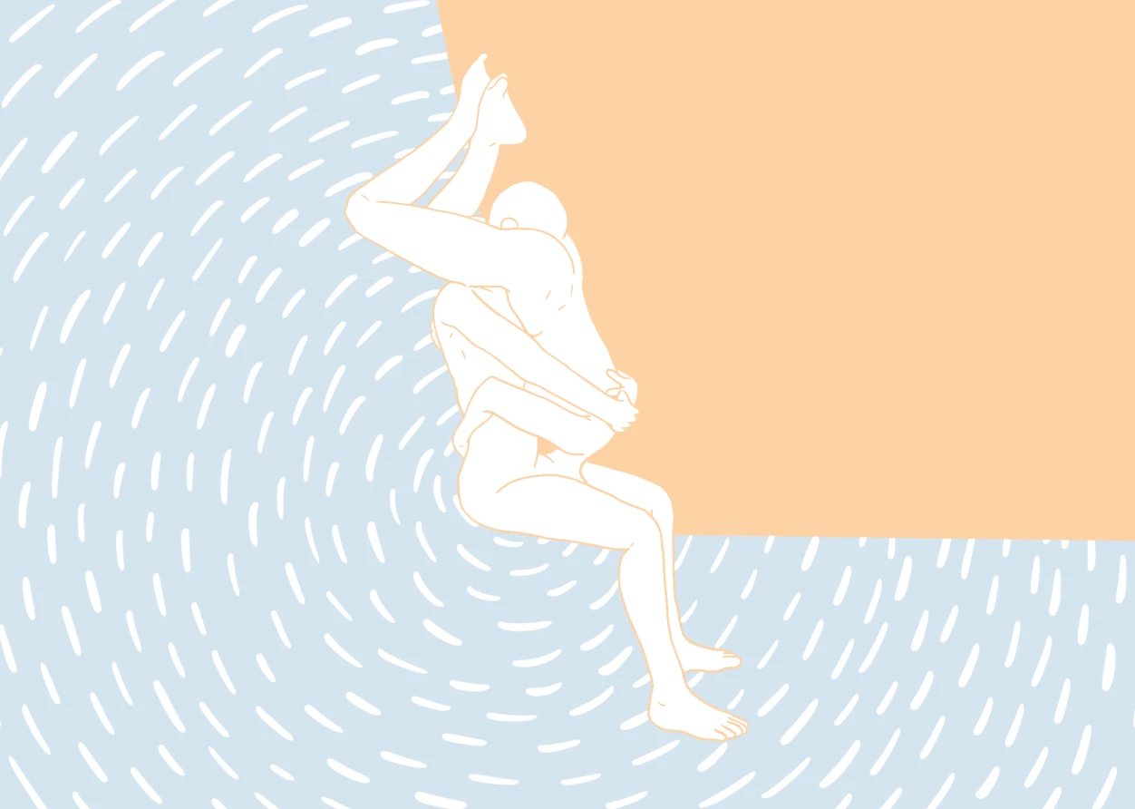 A man sits in a chair while carrying a woman upside down and they're both engaging in oral sex at the same time