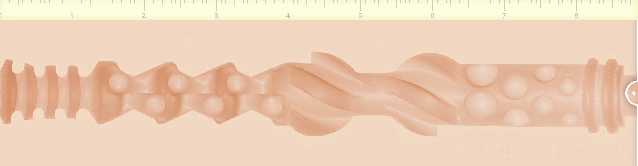 Picture from FleshAssist - measurements in inch of the inner sleeve of Fleshlight Elsa Jean. Picture from FleshAssist - measurements in inch of the inner sleeve of Fleshlight Elsa Jean.