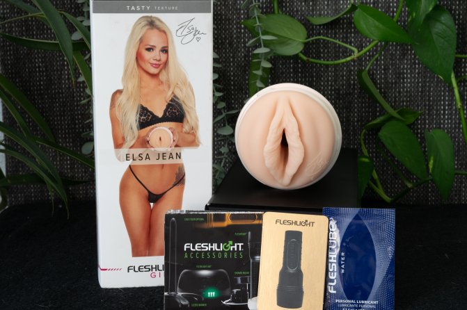 Elsa Jean Fleshlight is showcased next to a picture of the star herself.