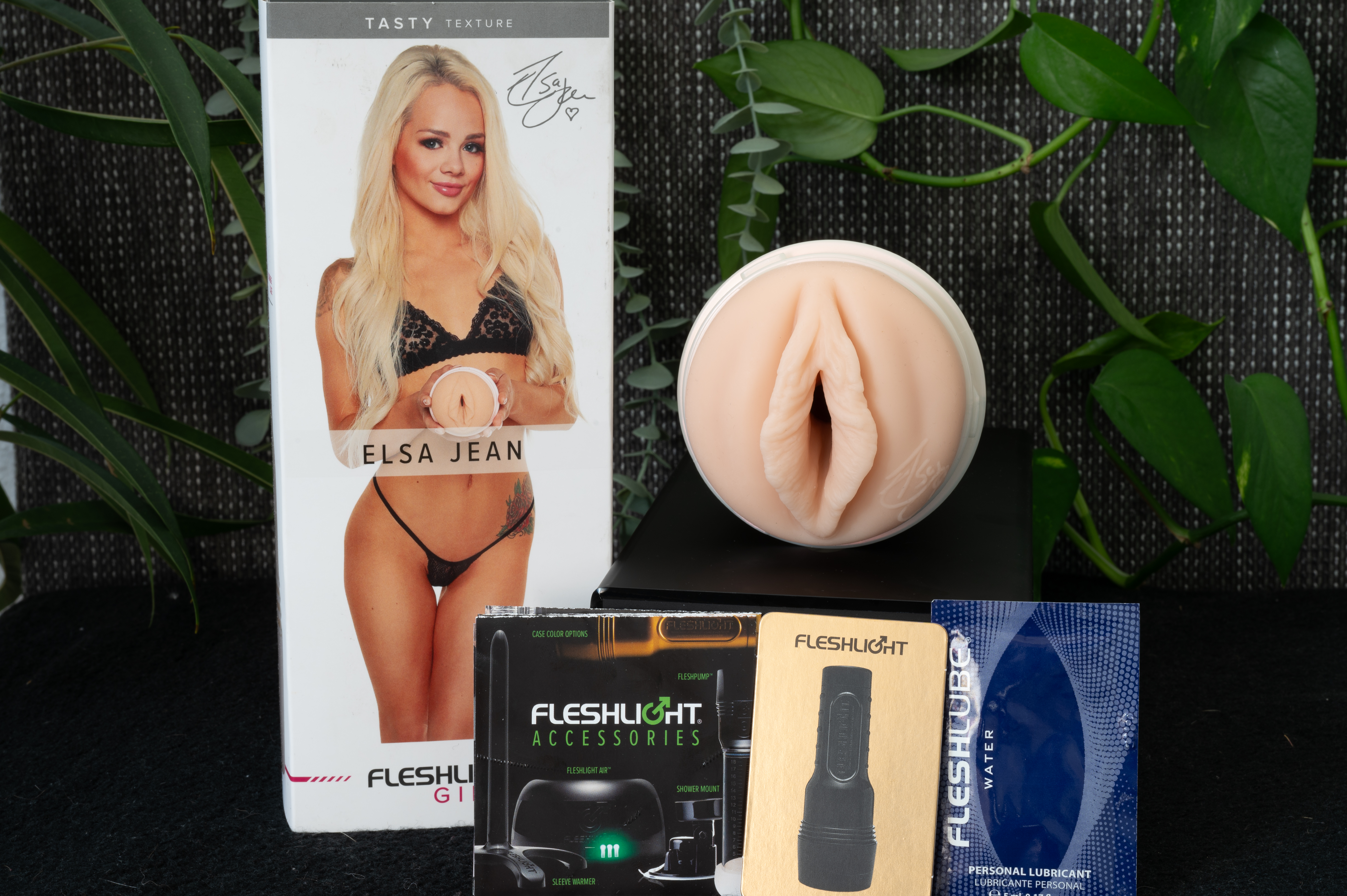Elsa Jean Fleshlight is showcased next to a picture of the star herself. Elsa Jean Fleshlight is showcased next to a picture of the star herself.