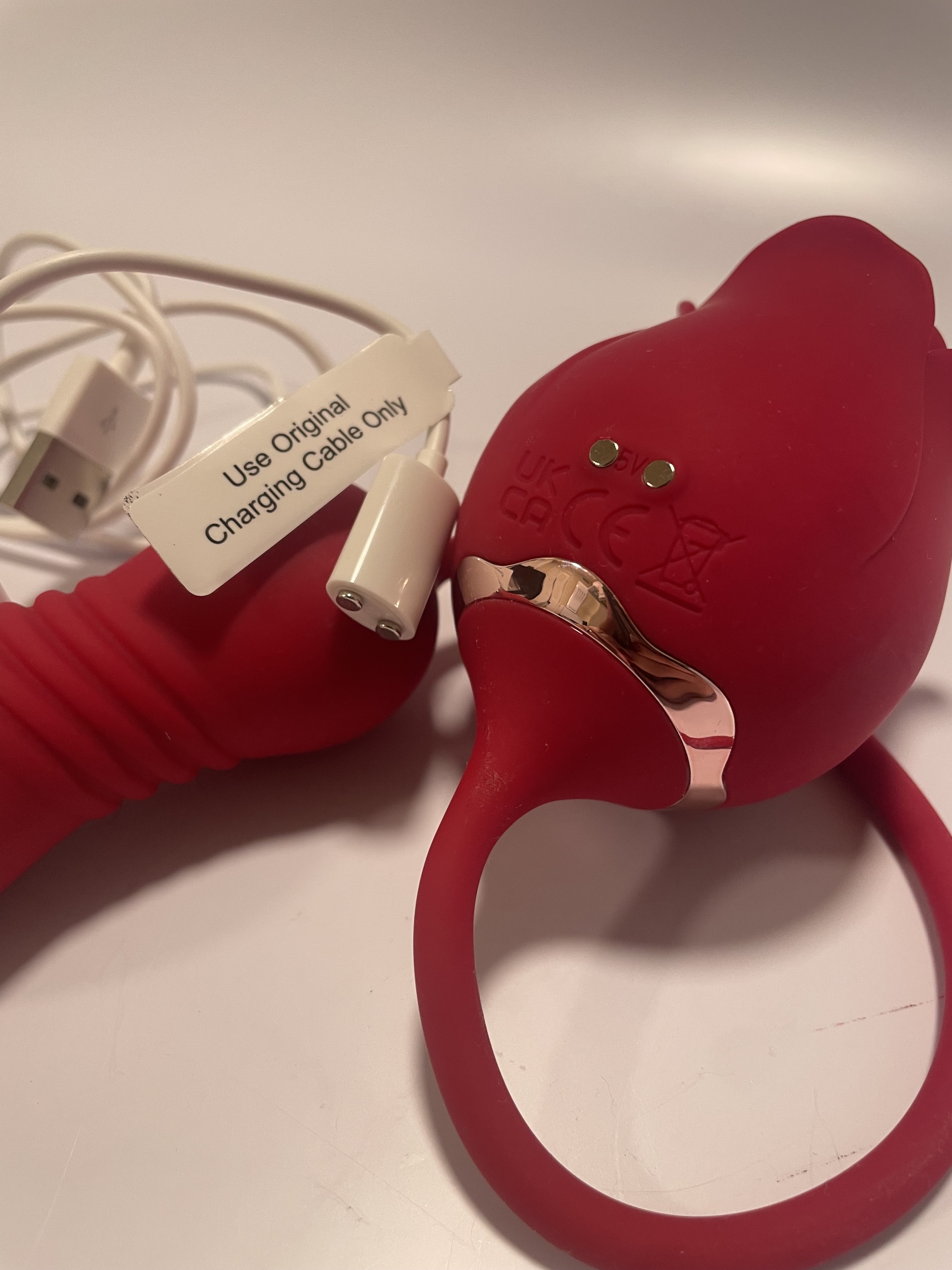 The picture features the charging cable that comes with the rose toy so it is powered and ready for use. The picture features the charging cable that comes with the rose toy so it is powered and ready for use.