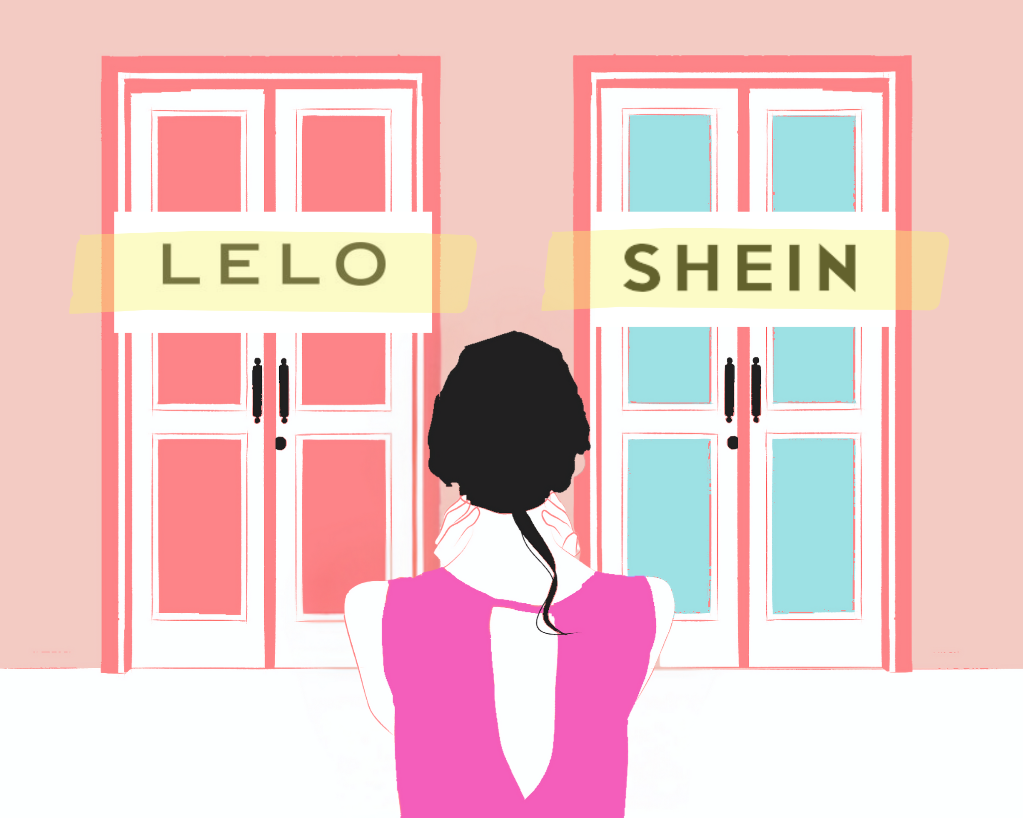 A woman looking at two doors with the words SHEIN and LELO on them.