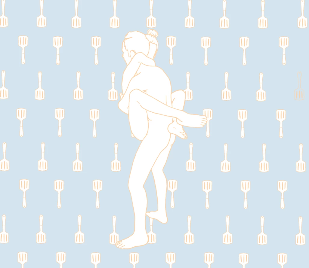 A couple, consisting of a man and a woman, having intimate sex in the iron chef sex position