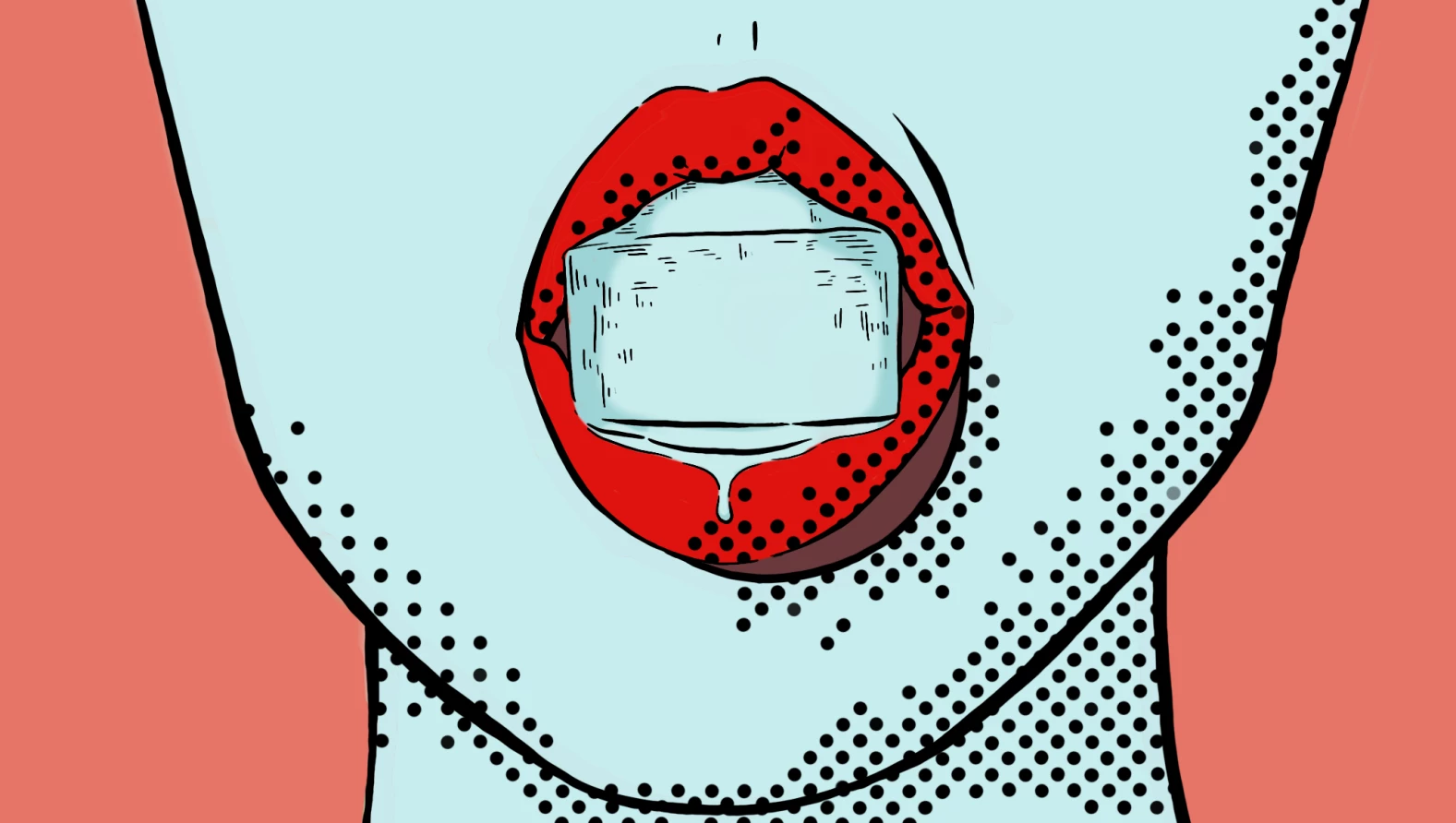 A woman eating an ice cube and letting it melt in her mouth.