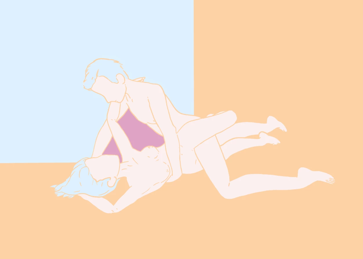 A man is on top of a woman and in between her thighs while he's inserting himself in the pretzel dip position