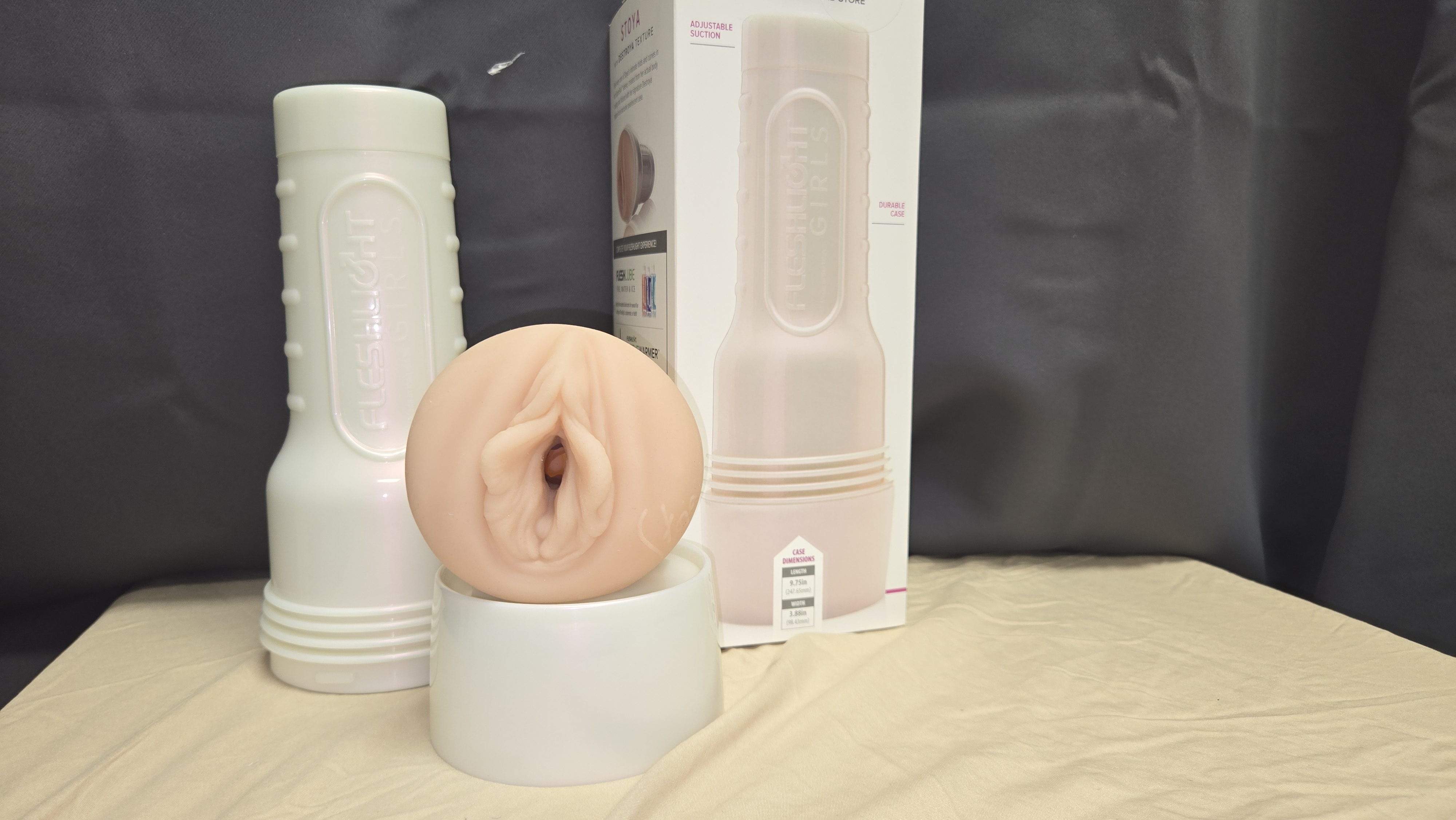Pictured is Fleshlight's Stoya Destroya sleeve, entry, cap, and packaging. Pictured is Fleshlight's Stoya Destroya sleeve, entry, cap, and packaging.