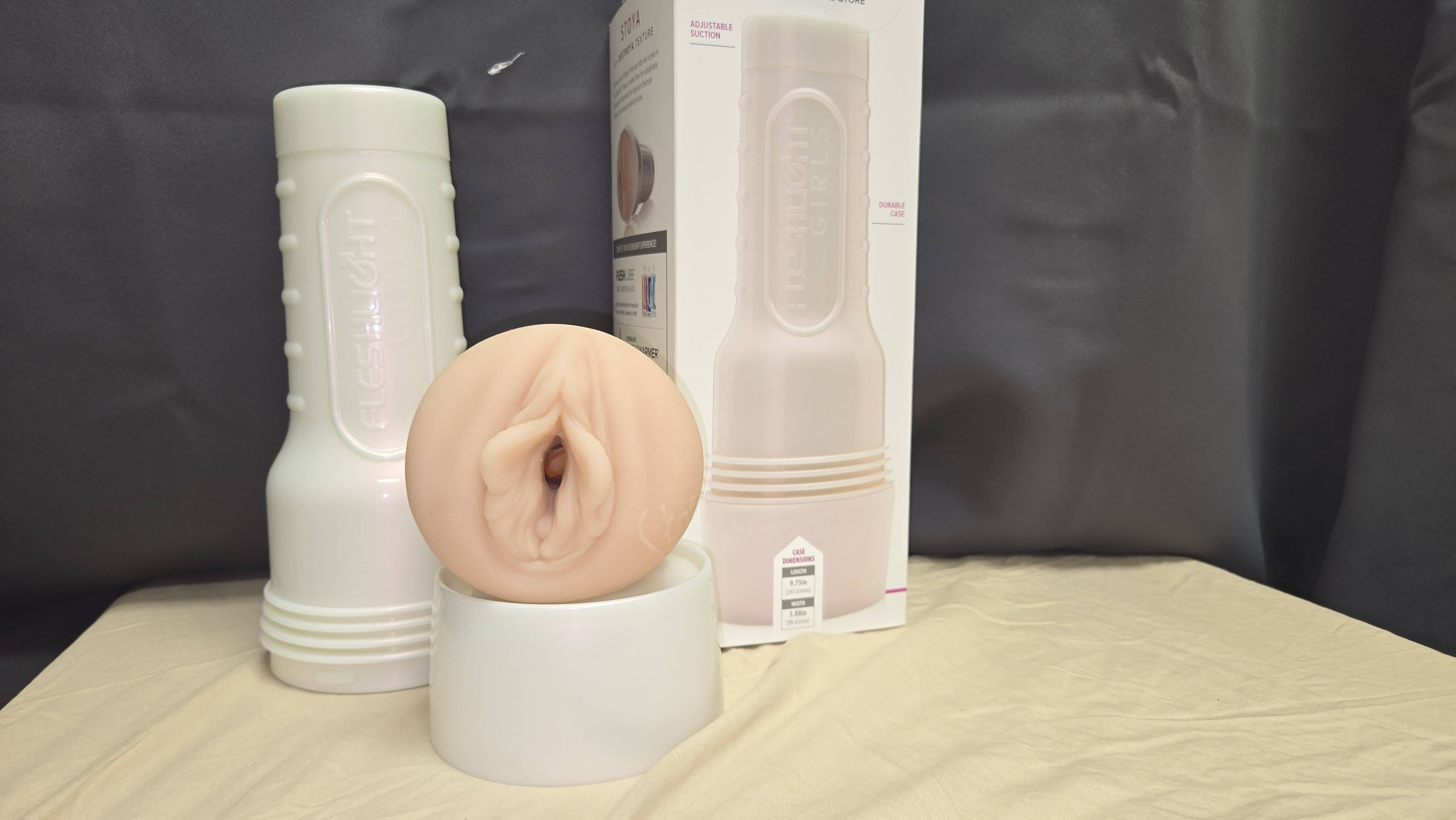 Pictured is Fleshlight's Stoya Destroya sleeve, entry, cap, and packaging.