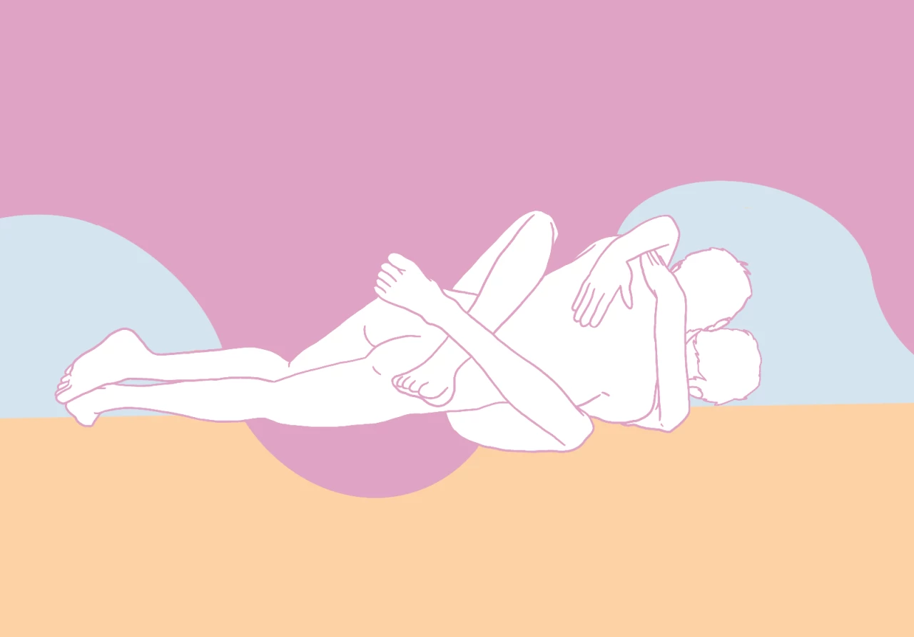 A couple, consisting of a man and a woman, having intimate sex in the gift wrapped sex position