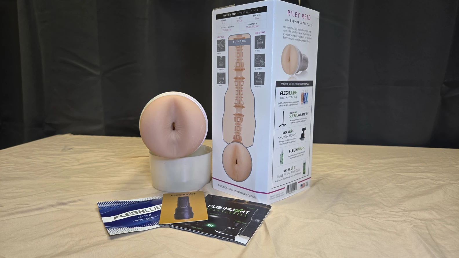 The Riley Reid anal Fleshlight toy with the texture next to it.