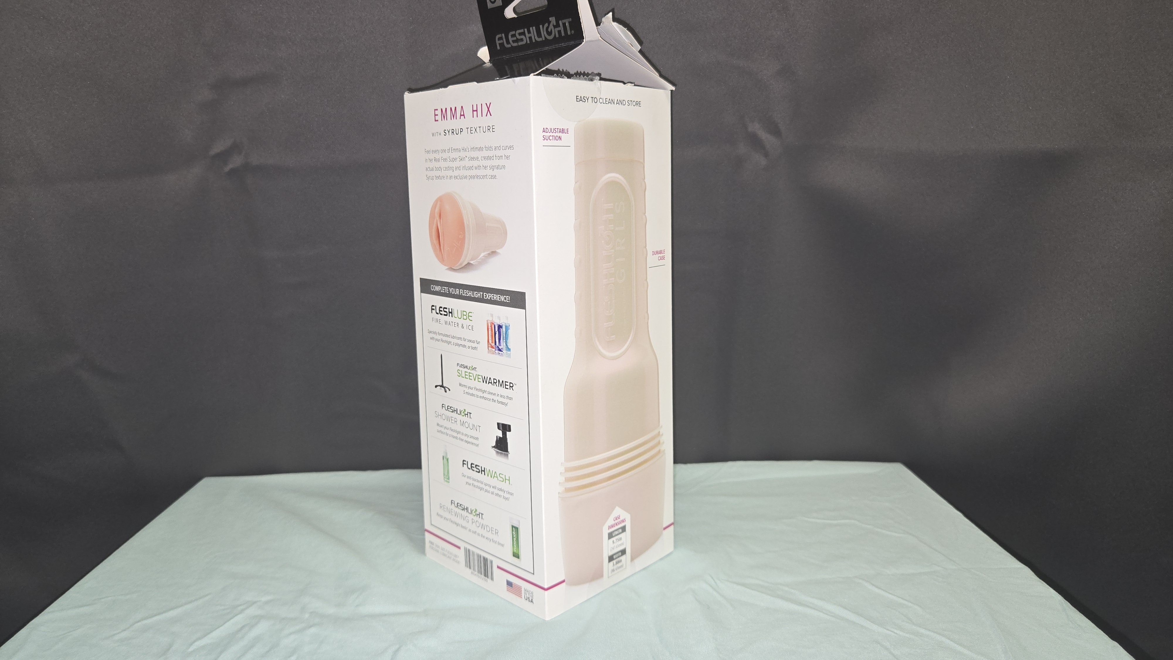 Pictured is the Fleshlight packaging featuring Emma's bold textures and curves with adjustable suction technology. Pictured is the Fleshlight packaging featuring Emma's bold textures and curves with adjustable suction technology.
