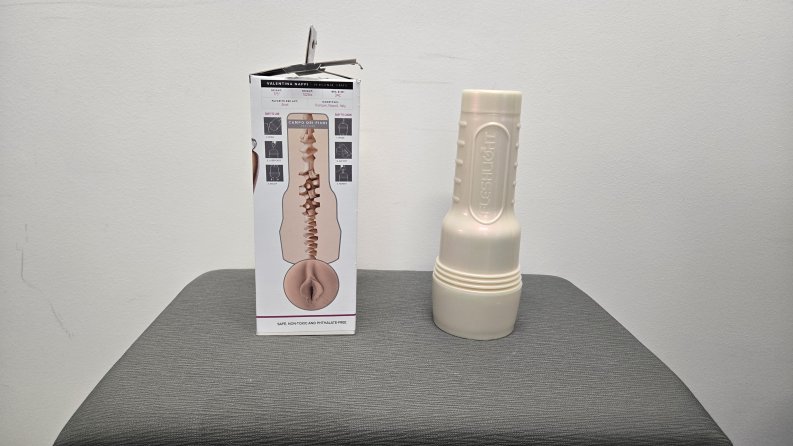 The Valentina Nappi Lady Fleshlight's texture and sex toy next to each other.